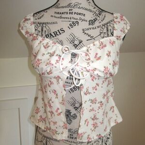 Pink & White Floral Women's Tie Top Sz Medium